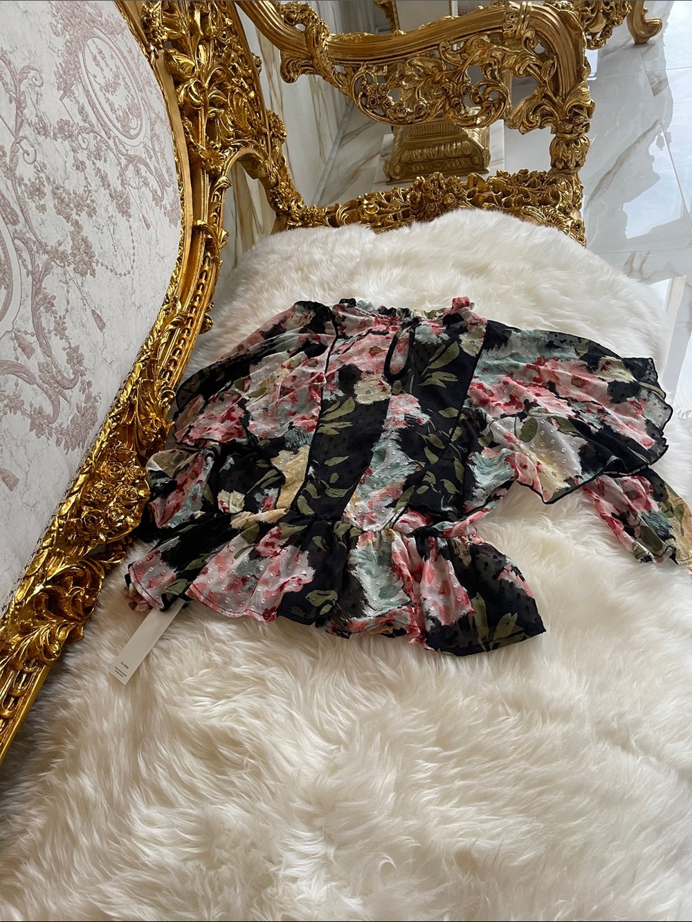 Floral Ruffle Off-Shoulder Blouse in Pink, Black & Green